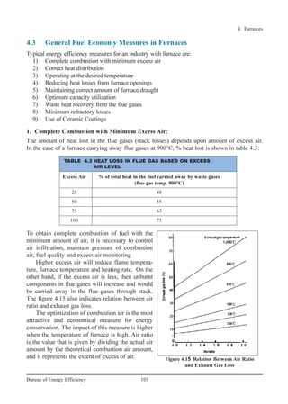4.3 General Fuel Economy Measures in Furnaces
Typical energy efficiency measures for an industry with furnace are:
1) Complete combustion with minimum excess air
2) Correct heat distribution
3) Operating at the desired temperature
4) Reducing heat losses from furnace openings
5) Maintaining correct amount of furnace draught
6) Optimum capacity utilization
7) Waste heat recovery from the flue gases
8) Minimum refractory losses
9) Use of Ceramic Coatings
1. Complete Combustion with Minimum Excess Air:
The amount of heat lost in the flue gases (stack losses) depends upon amount of excess air.
In the case of a furnace carrying away flue gases at 900°C, % heat lost is shown in table 4.3:
4. Furnaces
105Bureau of Energy Efficiency
To obtain complete combustion of fuel with the
minimum amount of air, it is necessary to control
air infiltration, maintain pressure of combustion
air, fuel quality and excess air monitoring
Higher excess air will reduce flame tempera-
ture, furnace temperature and heating rate. On the
other hand, if the excess air is less, then unburnt
components in flue gases will increase and would
be carried away in the flue gases through stack.
The figure 4.15 also indicates relation between air
ratio and exhaust gas loss.
The optimization of combustion air is the most
attractive and economical measure for energy
conservation. The impact of this measure is higher
when the temperature of furnace is high. Air ratio
is the value that is given by dividing the actual air
amount by the theoretical combustion air amount,
and it represents the extent of excess of air. Figure 4.15 Relation Between Air Ratio
and Exhaust Gas Loss
Excess Air % of total heat in the fuel carried away by waste gases
(flue gas temp. 900°C)
25 48
50 55
75 63
100 71
TABLE 4.3 HEAT LOSS IN FLUE GAS BASED ON EXCESS
AIR LEVEL
Ch-04.qxd 2/23/2005 5:22 PM Page 105
 