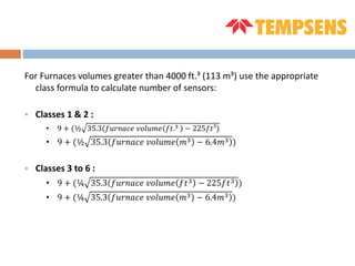 For Furnaces volumes greater than 4000 ft.³ (113 m³) use the appropriate
class formula to calculate number of sensors:
• Classes 1 & 2 :
• 9 + (½ 35.3 𝑓𝑢𝑟𝑛𝑎𝑐𝑒 𝑣𝑜𝑙𝑢𝑚𝑒 𝑓𝑡.3 − 225𝑓𝑡³
• 9 + (½ 35.3 𝑓𝑢𝑟𝑛𝑎𝑐𝑒 𝑣𝑜𝑙𝑢𝑚𝑒 𝑚3 − 6.4𝑚3 )
• Classes 3 to 6 :
• 9 + (¼ 35.3 𝑓𝑢𝑟𝑛𝑎𝑐𝑒 𝑣𝑜𝑙𝑢𝑚𝑒 𝑓𝑡3 − 225𝑓𝑡3 )
• 9 + (¼ 35.3 𝑓𝑢𝑟𝑛𝑎𝑐𝑒 𝑣𝑜𝑙𝑢𝑚𝑒 𝑚3 − 6.4𝑚3 )
 