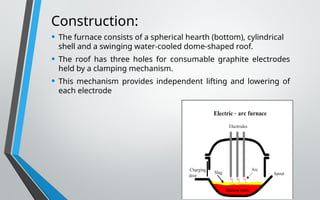 Construction:
• The furnace consists of a spherical hearth (bottom), cylindrical
shell and a swinging water-cooled dome-shaped roof.
• The roof has three holes for consumable graphite electrodes
held by a clamping mechanism.
• This mechanism provides independent lifting and lowering of
each electrode
 