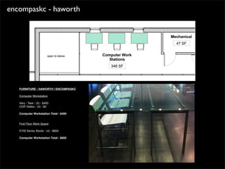 encompaskc - haworth
FURNITURE - HAWORTH / ENCOMPASKC
Computer Workstation
Very - Task - (3) - $400
CDR Tables - (4) - $0
Computer Workstation Total - $400
First Floor Work Space
K700 Series Stools - (4) - $800
Computer Workstation Total - $800
 