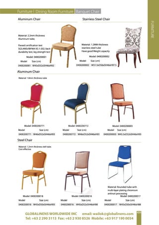 ‘Globalinens Worldwide Inc. 2019 email: wailok@globalinens.com / edna@globalinens.com tel: +63 2 290 3113 / + 63 917 190 0054'
GLOBALINENS WORLDWIDE INC email: wailok@globalinens.com
Tel: +63 2 290 3113 Fax: +63 2 930 8526 Mobile: +63 917 190 0054
 