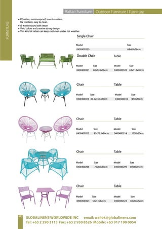 GLOBALINENS WORLDWIDE INC email: wailok@globalinens.com
Tel: +63 2 290 3113 Fax: +63 2 930 8526 Mobile: +63 917 190 0054
 