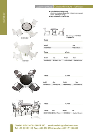 GLOBALINENS WORLDWIDE INC email: wailok@globalinens.com
Tel: +63 2 290 3113 Fax: +63 2 930 8526 Mobile: +63 917 190 0054
 