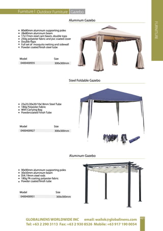 GLOBALINENS WORLDWIDE INC email: wailok@globalinens.com
Tel: +63 2 290 3113 Fax: +63 2 930 8526 Mobile: +63 917 190 0054
 