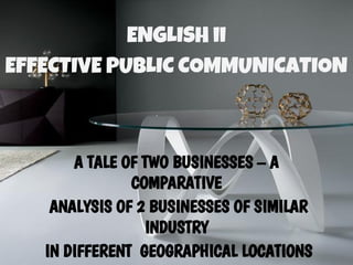 ENGLISH ii
EFFECTIVE PUBLIC COMMUNICATION
A TALE OF TWO BUSINESSES – A
COMPARATIVE
ANALYSIS OF 2 BUSINESSES OF SIMILAR
INDUSTRY
IN DIFFERENT GEOGRAPHICAL LOCATIONS
 