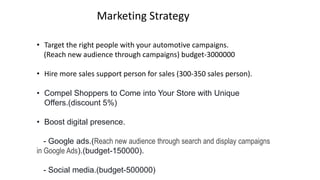 Marketing Strategy
• Target the right people with your automotive campaigns.
(Reach new audience through campaigns) budget-3000000
• Hire more sales support person for sales (300-350 sales person).
• Compel Shoppers to Come into Your Store with Unique
Offers.(discount 5%)
• Boost digital presence.
- Google ads.(Reach new audience through search and display campaigns
in Google Ads).(budget-150000).
- Social media.(budget-500000)
 