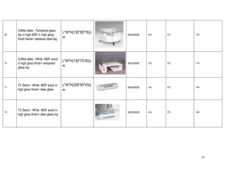 17
69
Coffee table - Tempered glass
top in high MDF in high gloss
finish frame+ stainless steel leg
L*W*H(135*85*76)c
m
9403200000 CN PC 149
70
Coffee table - White MDF wood
in high gloss finish+ tempered
glass top
L*W*H(130*70*40)c
m
9403200000 CN PC 118
71
TV Stand - White MDF wood in
high gloss finish+ clear glass
L*W*H(200*50*43)c
m
9403200000 CN PC 149
72
TV Stand - White MDF wood in
high gloss finish+ clear glass top
9403200000 CN PC 149
 