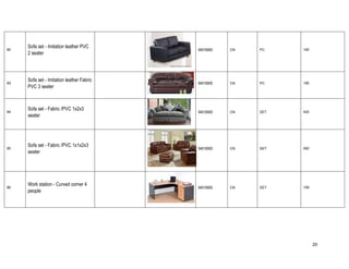 20
82
Sofa set - Imitation leather PVC
2 seater
94016900 CN PC 165
83
Sofa set - Imitation leather Fabric
PVC 3 seater
94016900 CN PC 185
84
Sofa set - Fabric /PVC 1x2x3
seater
94016900 CN SET 420
85
Sofa set - Fabric /PVC 1x1x2x3
seater
94016900 CN SET 482
86
Work station - Curved corner 4
people
94016900 CN SET 199
 