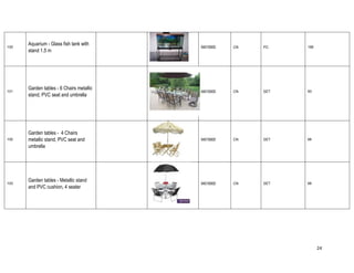 24
100
Aquarium - Glass fish tank with
stand 1.5 m
94016900 CN PC 186
101
Garden tables - 6 Chairs metallic
stand, PVC seat and umbrella
94016900 CN SET 93
102
Garden tables - 4 Chairs
metallic stand, PVC seat and
umbrella
94016900 CN SET 68
103
Garden tables - Metallic stand
and PVC cushion, 4 seater
94016900 CN SET 68
 