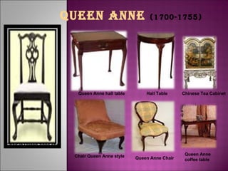 QUEEn annE (1700-1755)
Queen Anne hall table Hall Table Chinese Tea Cabinet
Chair Queen Anne style Queen Anne Chair
Queen Anne
coffee table
Chair in Queen Anne style
 
