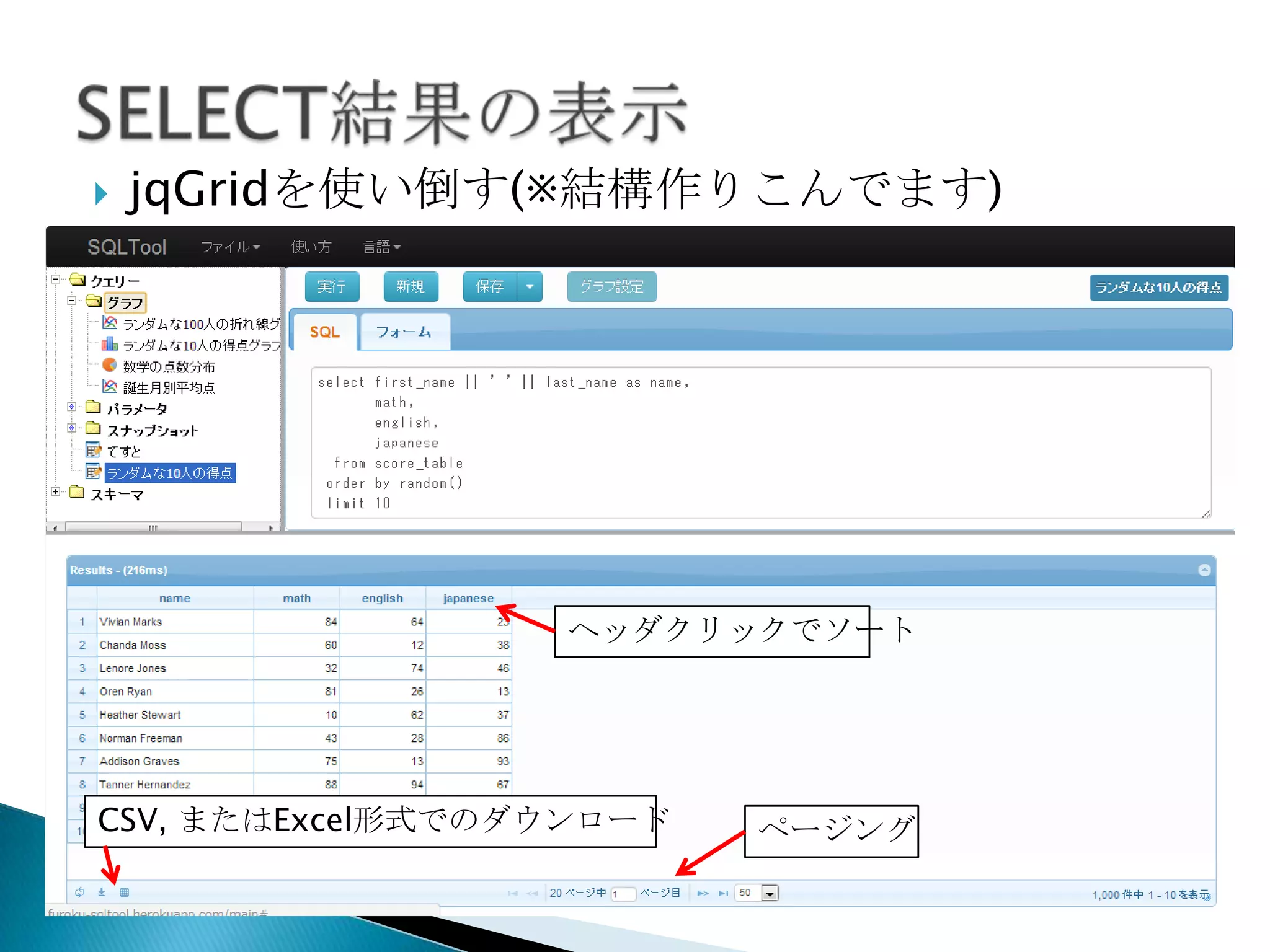 CSV, またはExcel形式でのダウンロード ページング
ヘッダクリックでソー
ト
 jqGridを使い倒す(※結構作りこんでます)
 
