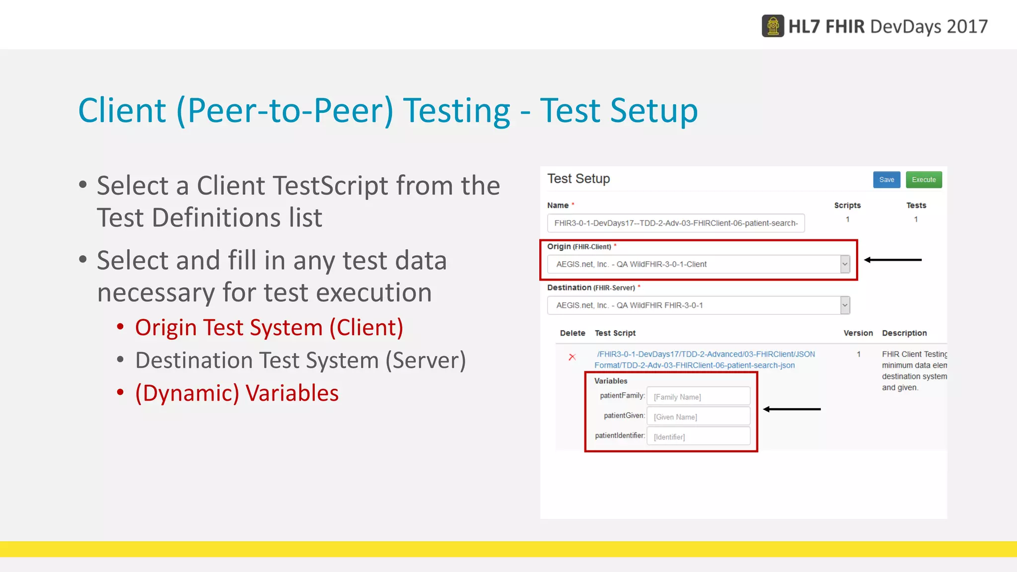 Client (Peer-to-Peer) Testing - Test Setup
• Select a Client TestScript from the
Test Definitions list
• Select and fill in any test data
necessary for test execution
• Origin Test System (Client)
• Destination Test System (Server)
• (Dynamic) Variables
 