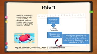 Mito 9
Aumentar
orina
LRA con
Furosemida
Diuresis con
Furosemida No hay recuperación de
función renal pq no hace
efecto en la Glomerulo para
que afecte la TFG
Incluso los pacientes que
experimentaron un solo
episodio de LRA y
recuperaron la función
excretora siguen teniendo
un mayor riesgo de ERC y
una mayor mortalidad
Miguel Joannidis1, Sebastián J. Klein1y Marlies Ostermann
 