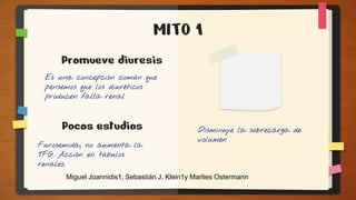 Furosemida, no aumenta la
TFG. Acción en túbulos
renales.
Es una concepción común que
pensemos que los diuréticos
producen falla renal
Pocos estudios
Promueve diuresis
MITO 1
Disminuye la sobrecarga de
volumen
Miguel Joannidis1, Sebastián J. Klein1y Marlies Ostermann
 