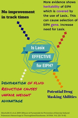 Is Lasix
EFFECTIVE
for EIPH?
No improvement
in track times
Dehydration of fluid
Reduction causes
unfair weight
advantage
Potential Drug
Masking Abilities
More evidence shows
heritability of EIPH
which is covered by
the use of Lasix.. This
can cause selection of
EIPH gene. Increase
need for Lasix.
Hinchcliff, K. et al. 2009. Efficacy of Furosemide for Prevention of Exercise-Induced
Pulmonary Hemorrhage in Thoroughbred Racehorses. JAVMA. Vol. 235: 76-82.