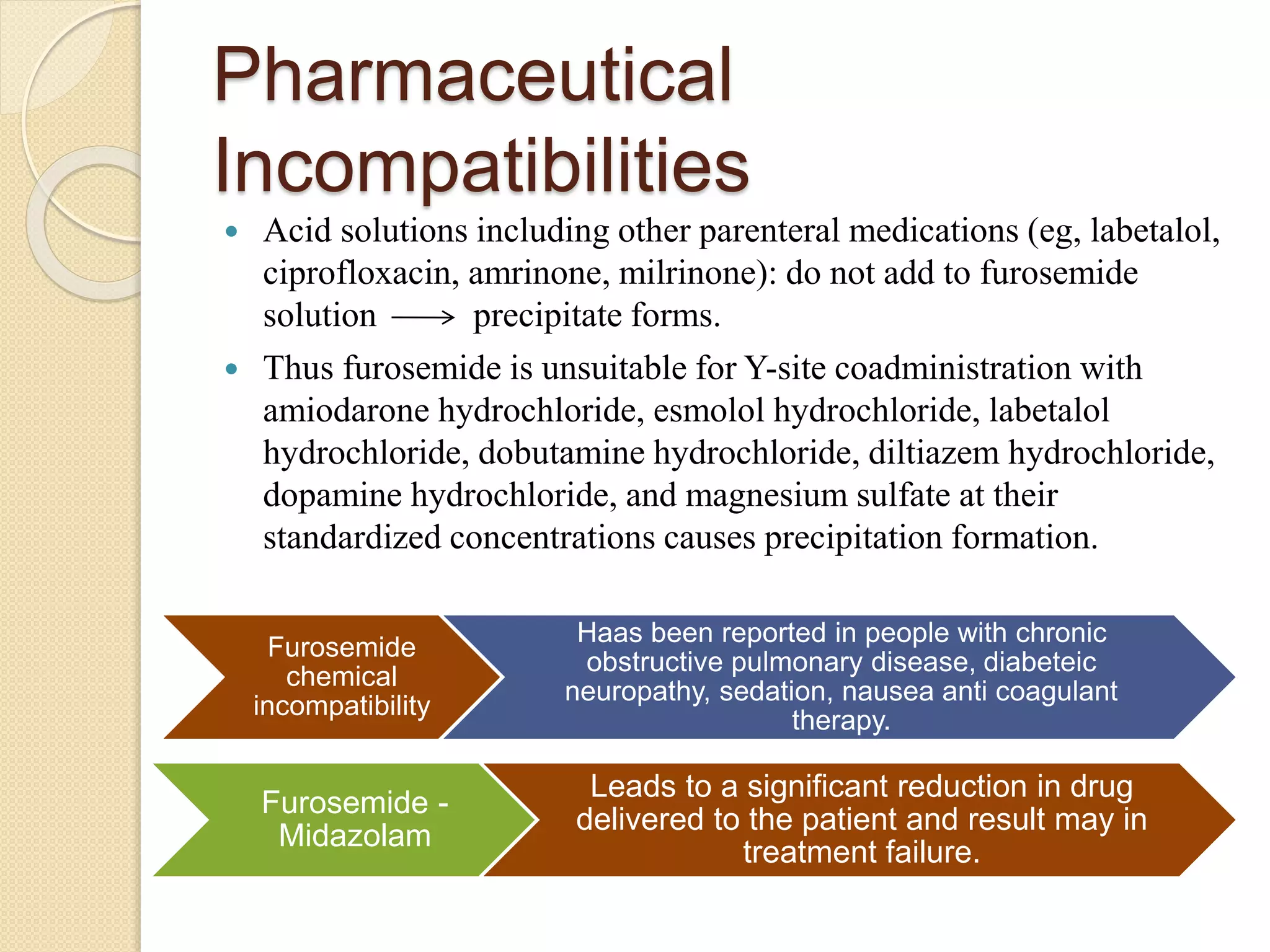 Pharmaceutical
Incompatibilities
 Acid solutions including other parenteral medications (eg, labetalol,
ciprofloxacin, amrinone, milrinone): do not add to furosemide
solution precipitate forms.
 Thus furosemide is unsuitable for Y-site coadministration with
amiodarone hydrochloride, esmolol hydrochloride, labetalol
hydrochloride, dobutamine hydrochloride, diltiazem hydrochloride,
dopamine hydrochloride, and magnesium sulfate at their
standardized concentrations causes precipitation formation.
Furosemide -
Midazolam
Leads to a significant reduction in drug
delivered to the patient and result may in
treatment failure.
Furosemide
chemical
incompatibility
Haas been reported in people with chronic
obstructive pulmonary disease, diabeteic
neuropathy, sedation, nausea anti coagulant
therapy.
 