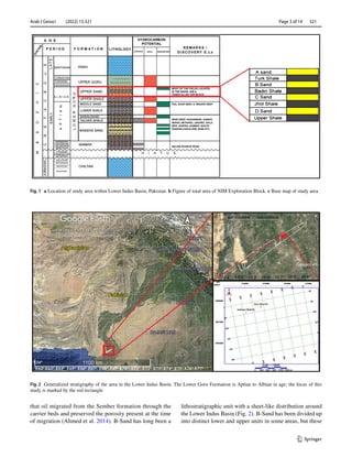 Arab J Geosci (2022) 15:321 	
1 3
Page 3 of 14  321
that oil migrated from the Sember formation through the
carrier beds and preserved the porosity present at the time
of migration (Ahmed et al. 2014). B-Sand has long been a
lithostratigraphic unit with a sheet-like distribution around
the Lower Indus Basin (Fig. 2). B-Sand has been divided up
into distinct lower and upper units in some areas, but these
Fig. 1  a Location of study area within Lower Indus Basin, Pakistan. b Figure of total area of NIM Exploration Block. c Base map of study area
Fig. 2  Generalized stratigraphy of the area in the Lower Indus Basin. The Lower Goru Formation is Aptian to Albian in age; the focus of this
study is marked by the red rectangle
 
