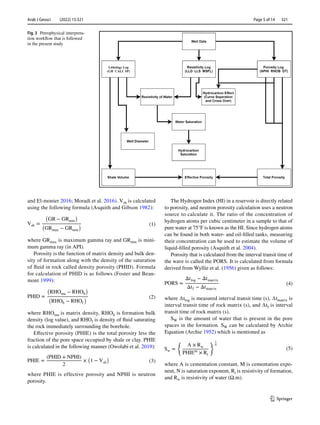Arab J Geosci (2022) 15:321 	
1 3
Page 5 of 14  321
and El-monier 2016; Moradi et al. 2016). ­Vsh is calculated
using the following formula (Asquith and Gibson 1982):
where ­GRmax is maximum gamma ray and ­
GRmin is mini-
mum gamma ray (in API).
Porosity is the function of matrix density and bulk den-
sity of formation along with the density of the saturation
of fluid in rock called density porosity (PHID). Formula
for calculation of PHID is as follows (Foster and Beau-
mont 1999):
where ­RHOma is matrix density, ­
RHOb is formation bulk
density (log value), and ­
RHOf is density of fluid saturating
the rock immediately surrounding the borehole.
Effective porosity (PHIE) is the total porosity less the
fraction of the pore space occupied by shale or clay. PHIE
is calculated in the following manner (Owolabi et al. 2019):
where PHIE is effective porosity and NPHI is neutron
porosity.
(1)
Vsh =
(
GR − GRmin
)
(
GRmax − GRmin
)
(2)
PHID =
(
RHOma − RHOb
)
(
RHOb − RHOf
)
(3)
PHIE =
(PHID + NPHI)
2
×
(
1 − Vsh
)
The Hydrogen Index (HI) in a reservoir is directly related
to porosity, and neutron porosity calculation uses a neutron
source to calculate it. The ratio of the concentration of
hydrogen atoms per cubic centimeter in a sample to that of
pure water at 75°F is known as the HI. Since hydrogen atoms
can be found in both water- and oil-filled tanks, measuring
their concentration can be used to estimate the volume of
liquid-filled porosity (Asquith et al. 2004).
Porosity that is calculated from the interval transit time of
the wave is called the PORS. It is calculated from formula
derived from Wyllie et al. (1956) given as follows:
where ∆tlog is measured interval transit time (s), ∆tmatrix is
interval transit time of rock matrix (s), and ∆tf is interval
transit time of rock matrix (s).
SW is the amount of water that is present in the pore
spaces in the formation. ­
SW can be calculated by Archie
Equation (Archie 1952) which is mentioned as
where A is cementation constant, M is cementation expo-
nent, N is saturation exponent, ­
Rt is resistivity of formation,
and ­Rw is resistivity of water (Ω.m).
(4)
PORS =
Δtlog − Δtmatrix
Δtf − Δtmatrix
(5)
Sw =
{
A × Rw
PHIEm
× Rt
} 1
N
Fig. 3  Petrophysical interpreta-
tion workflow that is followed
in the present study
 