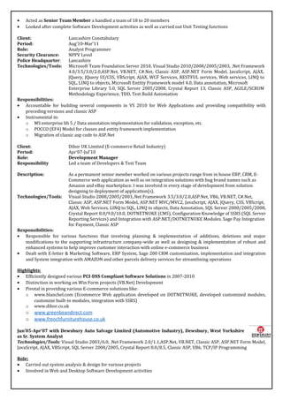 • Acted as Senior Team Member a handled a team of 18 to 20 members
• Looked after complete Software Development activities as well as carried out Unit Testing functions
Client: Lancashire Constabulary
Period: Aug’10-Mar’11
Role: Analyst Programmer
Security Clearance: NPPV Level
Police Headquarter: Lancashire
Technologies/Tools: Microsoft Team Foundation Server 2010, Visual Studio 2010/2008/2005/2003, .Net Framework
4.0/3.5/3.0/2.0,ASP.Net, VB.NET, C#.Net, Classic ASP, ASP.NET Form Model, JavaScript, AJAX,
JQuery, JQuery UI/CSS, VBScript, AJAX, WCF Services, RESTFUL services, Web services, LINQ to
SQL, LINQ to objects, Microsoft Entitiy Framework model 4.0, Data annotation, Microsoft
Enterprise Library 5.0, SQL Server 2005/2008, Crystal Report 13, Classic ASP, AGILE/SCRUM
Methodology Experience, TDD, Test Build Automation
Responsibilities:
• Accountable for building several components in VS 2010 for Web Applications and providing compatibility with
preceding versions and classic ASP
• Instrumental in:
o MS enterprise lib 5 / Data annotation implementation for validation, exception, etc.
o POCCO (EF4) Model for classes and entity framework implementation
o Migration of classic asp code to ASP.Net
Client: Dibor UK Limited (E-commerce Retail Industry)
Period: Apr’07-Jul’10
Role: Development Manager
Responsibility Led a team of Developers & Test Team
Description: As a permanent senior member worked on various projects range from in house ERP, CRM, E-
Commerce web application as well as on integration solutions with bug brand names such as
Amazon and eBay marketplace. I was involved in every stage of development from solution
designing to deployment of application(s).
Technologies/Tools: Visual Studio 2008/2005/2003,.Net Framework 3.5/3.0/2.0,ASP.Net, VB6, VB.NET, C#.Net,
Classic ASP, ASP.NET Form Model, ASP.NET MVC/MVC2, JavaScript, AJAX, JQuery, CSS, VBScript,
AJAX, Web Services, LINQ to SQL, LINQ to objects, Data Annotation, SQL Server 2000/2005/2008,
Crystal Report 8.0/9.0/10.0, DOTNETNUKE (CMS), Configuration Knowledge of SSRS (SQL Server
Reporting Services) and Integration with ASP.NET/DOTNETNUKE Modules. Sage Pay Integration
for Payment, Classic ASP
Responsibilities:
• Responsible for various functions that involving planning & implementation of additions, deletions and major
modifications to the supporting infrastructure company-wide as well as designing & implementation of robust and
enhanced systems to help improve customer interaction with online e-commerce business
• Dealt with E-letter & Marketing Software, ERP System, Sage 200 CRM customization, implementation and integration
and System integration with AMAZON and other parcels delivery services for streamlining operations
Highlights:
• Efficiently designed various PCI-DSS Compliant Software Solutions in 2007-2010
• Distinction in working on Win Form projects (VB.Net) Development
• Pivotal in providing various E-commerce solutions like:
o www.blanchel.com (Ecommerce Web application developed on DOTNETNUKE, developed customized modules,
customize built-in modules, integration with SSRS)
o www.dibor.co.uk
o www.greenbeandirect.com
o www.frenchfurniturehouse.co.uk
Jun’05-Apr’07 with Dewsbury Auto Salvage Limited (Automotive Industry), Dewsbury, West Yorkshire
as Sr. System Analyst
Technologies/Tools: Visual Studio 2003/6.0, .Net Framework 2.0/1.1,ASP.Net, VB.NET, Classic ASP, ASP.NET Form Model,
JavaScript, AJAX, VBScript, SQL Server 2000/2005, Crystal Report 8.0/8.5, Classic ASP, VB6, TCP/IP Programming
Role:
• Carried out system analysis & design for various projects
• Involved in Web and Desktop Software Development activities
 