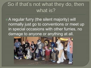 A regular furry (the silent majority) will 
normally just go to conventions or meet up 
in special occasions with other furries, no 
damage to anyone or anything at all. 
 