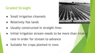 Graded Straight
● Small irrigation channels
● Relatively flat lands
● Usually constructed in straight lines
● Initial irrigation stream needs to be more than intake
rate in order for stream to advance
● Suitable for crops planted in rows
 