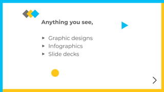 Anything you see,


‣ Graphic designs


‣ Infographics


‣ Slide decks


 