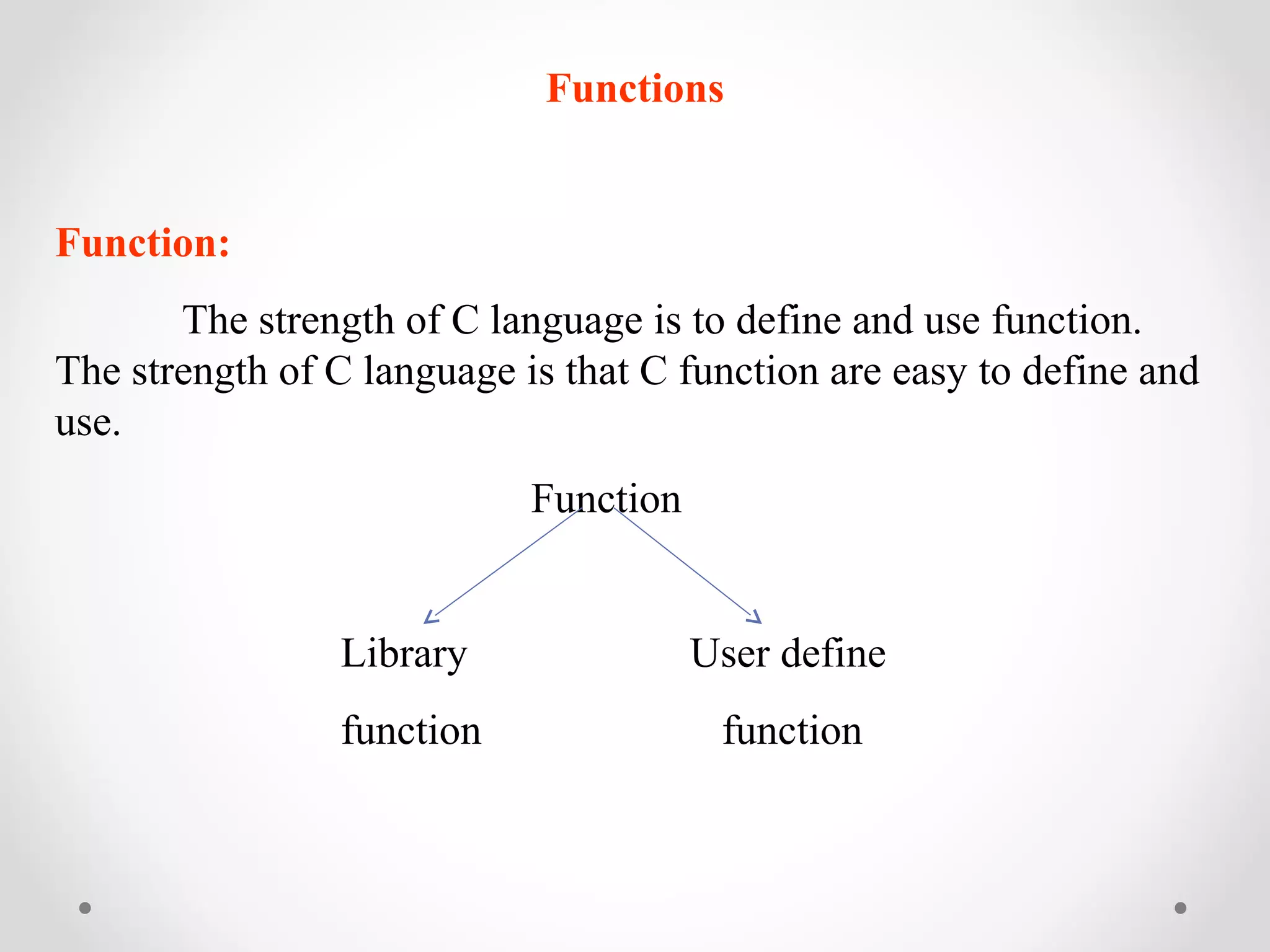 Functions 
Function: 
The strength of C language is to define and use function. 
The strength of C language is that C function are easy to define and 
use. 
Function 
Library User define 
function function 
 