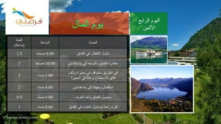 tourism.fursatee.com
‫المال‬ ‫يوم‬ ‫الرابع‬ ‫اليوم‬
‫األثنين‬
‫المدة‬
(‫ساعة‬)
‫الساعة‬ ‫الحدث‬
1.5 8:00‫صباحا‬ ‫الفندق‬ ‫في‬ ‫االفطار‬ ‫تناول‬
5 10:00‫صباحا‬ ‫بادغاشاين‬ ‫الى‬ ‫والتوجه‬ ‫الفندق‬ ‫مغادرة‬
3 1:00‫مساء‬
‫وولف‬ ‫بحيرة‬ ‫في‬ ‫سنتوقف‬ ‫الطريق‬ ‫في‬
‫قانق‬‫البحيرة‬ ‫في‬ ‫برحلة‬ ‫لالستمتاع‬
2 4:00‫مساء‬ ‫بادغشتاين‬ ‫إلى‬ ‫وجهتنا‬ ‫استكمال‬
0.5 6:00‫مساء‬ ‫الغرف‬ ‫وأخذ‬ ‫الفندق‬ ‫وصول‬
1 8:00‫مساء‬ ‫الفندق‬ ‫في‬ ‫العشاء‬ ‫تناول‬ ‫ثم‬ ‫راحة‬ ‫فترة‬
 