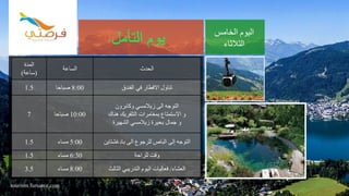 tourism.fursatee.com
‫التأمل‬ ‫يوم‬ ‫الخامس‬ ‫اليوم‬
‫الثالثاء‬
‫المدة‬
(‫ساعة‬)
‫الساعة‬ ‫الحدث‬
1.5 8:00‫صباحا‬ ‫الفندق‬ ‫في‬ ‫االفطار‬ ‫تناول‬
7 10:00‫صباحا‬
‫وكابرون‬ ‫زيالمسي‬ ‫الى‬ ‫التوجه‬
‫و‬‫االستمتاع‬‫التلفريك‬ ‫بمغامرات‬‫هناك‬
‫و‬‫جمال‬‫الشهيرة‬ ‫زيالمسي‬ ‫بحيرة‬
1.5 5:00‫مساء‬ ‫التوجه‬‫ل‬ ‫الباص‬ ‫إلى‬‫لرجوع‬‫بادغشتاين‬ ‫الى‬
1.5 6:30‫مساء‬ ‫للراحة‬ ‫وقت‬
3.5 8:00‫مساء‬ ‫العشاء‬/‫الثالث‬ ‫التدريبي‬ ‫اليوم‬ ‫فعاليات‬
 