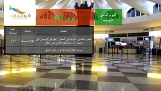 tourism.fursatee.com
‫النقلة‬ ‫يوم‬ ‫الثامن‬ ‫اليوم‬
‫الجمعة‬
‫المدة‬
(‫ساعة‬)
‫الساعة‬ ‫الحدث‬
1.5 7:00‫صباحا‬
‫المطار‬ ‫الى‬ ‫والتوجه‬ ‫الفندق‬ ‫مغادرة‬/‫يفترض‬‫الوصول‬‫الى‬
‫المطار‬2‫األقل‬ ‫على‬ ‫اإلقالع‬ ‫قبل‬ ‫ساعة‬
‫موعد‬‫اإلقالع‬‫الساعة‬11‫دقائق‬ ‫وعشر‬
 