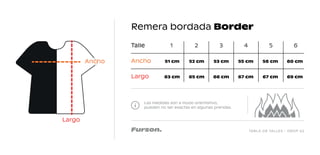 TABLA DE TALLES - DROP 02
Remera bordada Border
Las medidas son a modo orientativo,
pueden no ser exactas en algunas prendas.
Talle 1
51 cm 52 cm 53 cm 55 cm 56 cm 60 cm
63 cm 65 cm 66 cm 67 cm 67 cm 69 cm
2 3 4 5 6
Ancho
Largo
Largo
Ancho
 