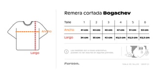 TABLA DE TALLES - DROP 01
Remera cortada Bogachev
Las medidas son a modo orientativo,
pueden no ser exactas en algunas prendas.
Talle 1
41 cm 43 cm 45 cm 47 cm 51 cm 53 cm
34 cm 35 cm 42 cm 43,5 cm 43,5 cm 43,5 cm
2 3 4 5 6
Ancho
Largo
Largo
Ancho
 