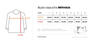 TABLA DE TALLES - DROP 01
Buzo capucha Mitnick
Las medidas son a modo orientativo,
pueden no ser exactas en algunas prendas.
Talle 1
48 cm 50 cm 57 cm 60 cm 64 cm 69 cm
71 cm 72 cm 75 cm 78 cm 79 cm 80 cm
2 3 4 5 6
Ancho
Largo
Largo
Ancho
 