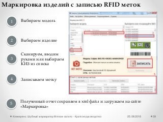 25.08.2016Клеверенс: Шубный маркиратор Мягкое золото - Краткое руководство 39
Маркировка изделий с записью RFID меток
1
2
3
Выбираем модель
Выбираем изделие
Сканируем, вводим
руками или выбираем
КИЗ из списка
Записываем метку4
Полученный отчет сохраняем в xml файл и загружаем на сайте
«Маркировка»
5
 