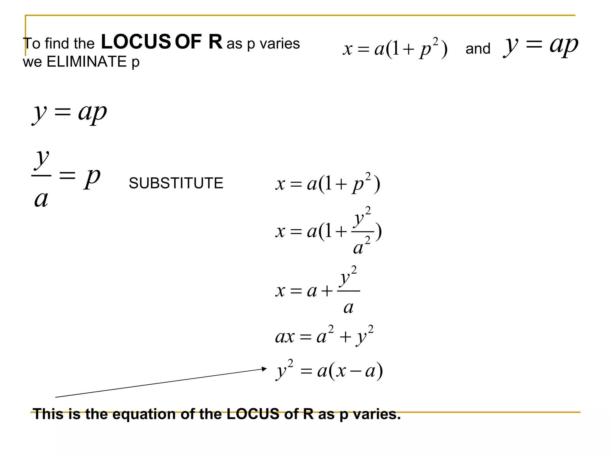 To find the LOCUS OF R as p varies we ELIMINATE p and SUBSTITUTE This is the equation of the LOCUS of R as p varies.