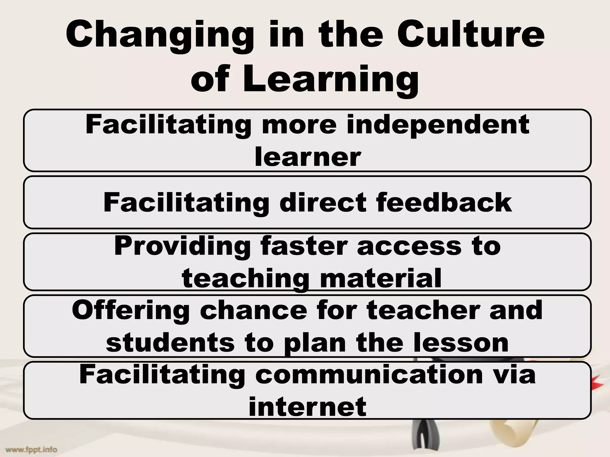 Changing in the Culture
of Learning
Facilitating more independent
learner
Facilitating direct feedback
Providing faster access to
teaching material
Offering chance for teacher and
students to plan the lesson
Facilitating communication via
internet
