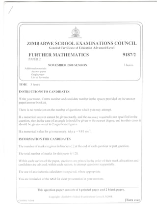 Further maths paper 2 november zimsec zimbabwe cambridge 2008