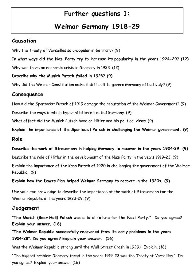 Extra Germany Questions 1 Weimar Germany 1918 1929 Extra Germany Questions 1 Weimar Germany 1918 1929