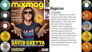 UK
Magazine
Circulation
In 2011, in between the months
January to December, there were
20,053 copies bought across the
ABC categories. This mean that
the buyers of the magazine
almost certainly range from
working a very well paid job, to
working a job providing the
average wage of the population.
The reason for this is because the
MIXMAG magazine costs, so it
requires an individual or family to
have a disposable income in order
to purchase this luxury.
 