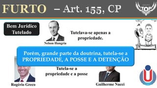 Bem Jurídico
Tutelado
Nelson Hungria
Tutelava-se apenas a
propriedade.
Tutela-se a
propriedade e a posse
Rogério Greco Guilherme Nucci
Porém, grande parte da doutrina, tutela-se a
PROPRIEDADE, A POSSE E A DETENÇÃO
 