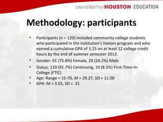 Methodology: participants
•

•
•
•
•

Participants (n = 120) included community college students
who participated in the institution’s honors program and who
earned a cumulative GPA of 3.25 on at least 12 college credit
hours by the end of summer semester 2012.
Gender: 91 (75.8%) Female, 29 (24.2%) Male
Status: 110 (91.7%) Continuing, 10 (8.3%) First-Time-InCollege (FTIC)
Age: Range = 15-70, M = 29.27, SD = 11.00
GPA: M = 3.55, SD = .31

 