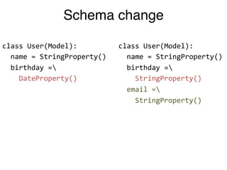 Schema change

class"User(Model):"          class"User(Model):"
""name"="StringProperty()"   ""name"="StringProperty()"
""...