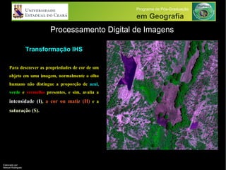 Processamento Digital de Imagens
Programa de Pós-Graduação
em Geografia
Transformação IHS
Elaborado por:
Manuel Rodrigues
Para descrever as propriedades de cor de um
objeto em uma imagem, normalmente o olho
humano não distingue a proporção de azul,
verde e vermelho presentes, e sim, avalia a
intensidade (I), a cor ou matiz (H) e a
saturação (S).
 