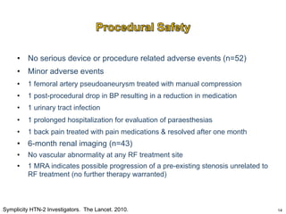 •  No serious device or procedure related adverse events (n=52)
•  Minor adverse events
• 

1 femoral artery pseudoaneurysm treated with manual compression

• 

1 post-procedural drop in BP resulting in a reduction in medication

• 

1 urinary tract infection

• 

1 prolonged hospitalization for evaluation of paraesthesias

• 

1 back pain treated with pain medications & resolved after one month

•  6-month renal imaging (n=43)
• 

No vascular abnormality at any RF treatment site

• 

1 MRA indicates possible progression of a pre-existing stenosis unrelated to
RF treatment (no further therapy warranted)

Symplicity HTN-2 Investigators. The Lancet. 2010.

14

 