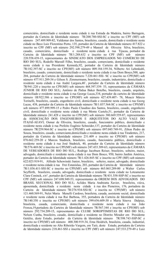 comerciário, domiciliado e residente nesta cidade à rua Estrada da Madeira, bairro Barragem,
portador da Carteira de Identidade número 7R/200.780-SSI-SC e inscrito no CPF (MF) sob
número 247.489.909-82, Valdemar dos Santos, brasileiro, casado, domiciliado e residente nesta
cidade no Beco Luiz Florentino Porto, 135, portador da Carteira de Identidade número 417.822 e
inscrito no CPF (MF) sob número 292.598.279-49 e Manoel de Oliveira Silva, brasileiro,
casado, comerciário, domiciliado e residente nesta cidade à rua Tijucas, portador da
Carteira de Identidade número 7R/1.288.632 e inscrito no CPF (MF) sob                      número
220.558.439-15, representantes do SINDICATO DOS EMPREGADOS NO COMÉRCIO DE
RIO DO SUL; Rodolfo Marzall Filho, brasileiro, casado, comerciante, domiciliado e residente
nesta cidade à rua Presidente Kennedy,92, portador da Carteira de Identidade número
7R/182.397-SC e inscrito no CPF(MF) sob número 009.184.159-34, Nilberto Ari Lehmkuhl,
brasileiro, casado, comerciante, domiciliado e residente nesta cidade à rua Dom Bosco,500, apto
204, portador da Carteira de Identidade número 7.220.461-SSI- SC e inscrito no CPF(MF) sob
número 477.911.289-34 e Gilson S. Zimmermann, brasileiro, casado, industriário, domiciliado e
residente nesta cidade à rua André Largura,40`, portador da Carteira de Identidade número
7R/941.220 e inscrito no CPF(MF) sob número 468.397.339- 53, representantes da CÂMARA
JÚNIOR DE RIO DO SUL; Antônio de Pádua Baker Botelho, brasileiro, casado, arquiteto,
domiciliado e residente nesta cidade à rua George Lucas,334, portador da carteira de Identidade
número 1R/922.586 e inscrito no CPF(MF) sob número 427.439.407- 78, Moacir Márcio
Torinelli, brasileiro, casado, engenheiro civil, domiciliado e residente nesta cidade à rua Georg
Lucas, 438, portador da Carteira de Identidade número 7R/1.037.564-SC e inscrito no CPF(MF)
sob número 477.899.999-15 e Pedro Paulo Claudino dos Santos, brasileiro, casado, engenheiro
civil, domiciliado e residente nesta cidade à rua Monte Castelo,51, portador da Carteira de
Identidade número 241.428 e inscrito no CPF(MF) sob número 380.669.559-87, representantes
da ASSOCIAÇÃO DOS ENGENHEIROS E ARQUITETOS DO ALTO VALE DO
ITAJAÍ-AEAVI; Osmar de Oliveira, brasileiro, casado, funcionário público, domiciliado e
residente nesta cidade à rua Prefeito Eugênio Schneider,137, portador da Carteira de Identidade
número 7R/259.964-SC e inscrito no CPF(MF) sob número 097.045.749-91, Zilton Pedro de
Souza, brasileiro, casado, comerciante,domiciliado e residente nesta cidade à rua Tiradentes, 217,
portador da Carteira de Identidade número 231.409 e inscrito no CPF(MF) sob número
076.662.259-20 e Marcos Stadnick, brasileiro, casado, funcionário público, domiciliado e
residente nesta cidade à rua José Stadnick, 40, portador da Carteira de Identidade número
7R/576.469-SC e inscrito no CPF(MF) sob número 247.433.309-63, representantes da CÂMARA
DE VEREADORES DE RIO DO SUL,; Rodrigo Jacobsen Reiser, brasileiro, solteiro, maior,
advogado, domiciliado e residente nesta cidade à rua Dom Bosco, 950, bairro Jardim América,
portador da Carteira de Identidade número 7R/1.426.845-SC e inscrito no CPF (MF) sob número
622.023.919-91, Alfredo Schewinski Junior, brasileiro, solteiro, maior, advogado, domiciliado
e residente nesta cidade à rua Frei Estanislau, 203, portador da Carteira de Identidade número
7R/1.036.411-SSI-SC e inscrito no CPF(MF) sob número 465.065.289-00 e Walter Carlos
Seyfferth, brasileiro, casado, advogado, domiciliado e residente nesta cidade no Loteamento
Clara Coninck, s/n°, portador da Carteira de Identidade número 7R/431.558-SSP-SC e inscrito no
CPF (MF) sob número 247.698.949-53, representantes da ORDEM DOS ADVOGADOS DO
BRASIL SECCIONAL RIO DO SUL; Aclides Maria Andreatta Xavier, brasileira, viúva,
aposentada, domiciliada e residente nesta cidade à rua dos Pioneiros, 176, portadora da
Carteira de Identidade número 7R/276.934-SSI-SC e inscrita no CPF(MF) sob número
121.460.569-91, Nelzi Maria Menelli Cardoso, brasileira, casada, assistente social, domiciliada
e residente nesta cidade à rua Rui Barbosa, 355, portadora da Carteira de Identidade número
7R/140.350 e inscrita no CPF(MF) sob número 399.656.609-30 e Maria Sinova Dalpiaz,
brasileira, casada, comerciante, domiciliada e residente nesta cidade à rua João
Fronza,19,portadora da Carteira de Identidade número 7R/567.344 e inscrita no CPF(MF) sob
número 292.734.209-15, representantes do CLUBE SOROPTIMISTAS DE RIO DO SUL;
Nelson Cunha, brasileiro, casado, domiciliado e residente no Distrito Mirador em Presidente
Getúlio, deste Estado, portador da Carteira de Identidade número 7R/398.743-SSP-SC e
inscrito no CPF(MF) sob número 400.300.919-34, Erna Heidrich, brasileira, casada, industrial,
domiciliada e residente no Alto Ribeirão Vargem, em Taió, deste Estado, portadora da Carteira
de Identidade número 218.461-SSI e inscrita no CPF (MF) sob número 247.533.279-49 e Luiz
 