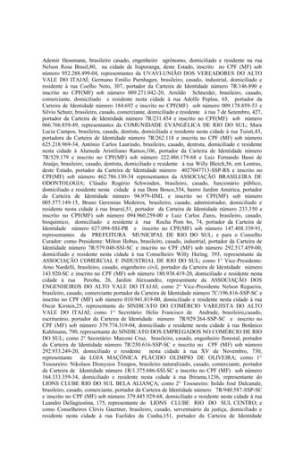 Ademir Hessmann, brasileiro casado, engenheiro agrônomo, domiciliado e residente na rua
Nelson Rosa Brasil,80, na cidade de Ituporanga, deste Estado, inscrito no CPF (MF) sob
número 952.288.499-04, representantes da UVAVI-UNIÃO DOS VEREADORES DO ALTO
VALE DO ITAJAÍ; Germano Emílio Purnhagen, brasileiro, casado, industrial, domiciliado e
residente à rua Coelho Neto, 307, portador da Carteira de Identidade número 7R/146.890 e
inscrito no CPF(MF) sob número 009.271.042-20, Arnildo Schneider, brasileiro, casado,
comerciante, domiciliado e residente nesta cidade à rua Adolfo Peplau, 65, portador da
Carteira de Identidade número 184.692 e inscrito no CPF(MF) sob número 009.178.859-53 e
Silvio Schutz, brasileiro, casado, comerciante, domiciliado e residente à rua 7 de Setembro, 427,
portador da Carteira de Identidade número 7R/231.454 e inscrito no CPF(MF) sob número
066.766.859-49, representantes da COMUNIDADE EVANGÉLICA DE RIO DO SUL; Mara
Lucia Campos, brasileira, casada, dentista, domiciliada e residente nesta cidade à rua Tuiuti,43,
portadora da Carteira de Identidade número 7R/262.118 e inscrita no CPF (MF) sob número
625.218.969-34, Antônio Carlos Laurindo, brasileiro, casado, dentista, domiciliado e residente
nesta cidade à Alameda Aristiliano Ramos,106, portador da Carteira de Identidade número
7R/529.179 e inscrito no CPF(MF) sob número 222.486.179-68 e Luiz Fernando Bassi de
Araújo, brasileiro, casado, dentista, domiciliado e residente à rua Willy Bleich,56, em Lontras,
deste Estado, portador da Carteira de Identidade número 4027047713-SSP-RS e inscrito no
CPF(MF) sob número 462.786.130-34 representantes da ASSOCIAÇÃO BRASILEIRA DE
ODONTOLOGIA; Cláudio Rogério Schwinden, brasileiro, casado, funcionário público,
domiciliado e residente nesta cidade à rua Dom Bosco,354, bairro Jardim América, portador
da Carteira de Identidade número 94.979-IIML e inscrito no CPF(MF) sob número
005.577.149-15, Bruno Geremias Medeiros, brasileiro, casado, administrador, domiciliado e
residente nesta cidade à rua Imaruí,51, portador da Carteira de Identidade número 233.350 e
inscrito no CPF(MF) sob número 094.960.259-00 e Luiz Carlos Zanis, brasileiro, casado,
bioquímico, domiciliado e residente à rua Rocha Pom bo, 74, portador da Carteira de
Identidade número 627.094-SSI-PR e inscrito no CPF(MF) sob número 147.408.339-91,
representantes da PREFEITURA MUNICIPAL DE RIO DO SUL; e para o Conselho
Curador: como Presidente: Milton Hobus, brasileiro, casado, industrial, portador da Carteira de
Identidade número 7R/579.048-SSI-SC e inscrito no CPF (MF) sob número 292.517.459-00,
domiciliado e residente nesta cidade à rua Conselheiro Willy Hering, 393, representante da
ASSOCIAÇÃO COMERCIAL E INDUSTRIAL DE RIO DO SUL; como 1° Vice-Presidente:
Arno Nardelli, brasileiro, casado, engenheiro civil, portador da Carteira de Identidade número
143.920-SC e inscrito no CPF (MF) sob número 180.938.419-20, domiciliado e residente nesta
cidade à rua       Peroba, 26, Jardim Alexsandro, representante da ASSOCIAÇÃO DOS
ENGENHEIROS DO ALTO VALE DO ITAJAÍ; como 2° Vice-Presidente Nelson Regueira,
brasileiro, casado, comerciante portador da Carteira de Identidade número 7C/196.816-SSP-SC e
inscrito no CPF (MF) sob número 010.941.819-00, domiciliado e residente nesta cidade à rua
Oscar Kirsten,25, representante do SINDICATO DO COMÉRCIO VAREJISTA DO ALTO
VALE DO ITAJAÍ; como 1° Secretário: Helio Francisco de Andrade, brasileiro,casado,
escriturário, portador da Carteira de Identidade número 7R/929.264-SSP-SC e inscrito no
CPF (MF) sob número 379.774.319-04, domiciliado e residente nesta cidade à rua Botânico
Kuhlmann, 790, representante do SINDICATO DOS EMPREGADOS NO COMÉRCIO DE RIO
DO SUL; como 2° Secretário: Marconi Cruz, brasileiro, casado, engenheiro florestal, portador
da Carteira de Identidade número 7R/250.616-SSP-SC e inscrito no CPF (MF) sob número
292.933.249-20, domiciliado e residente nesta cidade à rua XV de Novembro, 730,
representante da LOJA MAÇÔNICA PLÁCIDO OLIMPIO DE OLIVEIRA; como 1°
Tesoureiro: Nikolaos Dionysios Troupos, brasileiro naturalizado, casado, comerciante, portador
da Carteira de Identidade número 1R/1.375.686-SSI-SC e inscrito no CPF (MF) sob número
164.333.359-34, domiciliado e residente nesta cidade à rua Ibirama,1236, representante do
LIONS CLUBE RIO DO SUL BELA ALIANÇA; como 2° Tesoureiro: Inildo José Dalcanale,
brasileiro, casado, comerciante, portador da Carteira de Identidade número 7R/940.587-SSP-SC
e inscrito no CPF (MF) sob número 379.445.929-68, domiciliado e residente nesta cidade à rua
Leandro Dellagiustina, 175, representante do LIONS CLUBE RIO DO SUL CENTRO; e
como Conselheiros Clóvis Gaertner, brasileiro, casado, serventuário da justiça, domiciliado e
residente nesta cidade à rua Euclides da Cunha,151, portador da Carteira de Identidade
 