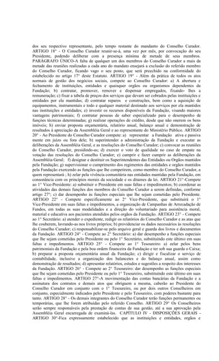 dos seu respectivo representante, pelo tempo restante do mandanto do Conselho Curador.
ARTIGO 18° - O Conselho Curador reunir-se-á, uma vez por mês, por convocação do seu
Presidente, podendo deliberar com a presença mínima de metade de seus membros.
PARÁGRAFO ÚNICO-A falta de qualquer um dos membros do Conselho Curador a mais da
metade das reuniões realizadas a cada ano do mandato ensejará a exclusão do referido membro
do Conselho Curador, ficando vago o seu posto, que será preechido na conformidade do
estabelecido no artigo 17° deste Estatuto. ARTIGO 19° - Além da prática de todos os atos
normais de gestão dos negócios sociais, compete ao Conselho Curador: a) A abertura e
fechamento de instituições, entidades e quaisquer orgãos ou organismos dependentes da
Fundação; b) contratar, promover, remover e dispensar empregados, fixando- lhes a
remuneração; c) fixar a tabela de preços dos serviços que devam ser cobrados pelas instituições e
entidades por ela mantidas; d) contratar reparos e construções, bem como a aquisição de
equipamentos, instrumentais e todo e qualquer material destinado aos serviços por ela mantidos
nas instituições e entidades; e) investir os recursos disponíveis da Fundação, visando maiores
vantagens patrimoniais; f) contratar pessoas de saber especializado para o desempenho de
funçòes técnicas determinadas; g) realizar operações de crédito, desde que não onerem os bens
imóveis; h) enviar proposta orçamentária, relatório anual, balanço anual e demonstração de
resultados à apreciação da Assembléia Geral e ao representante do Ministério Público. ARTIGO
20° - Ao Presidente do Conselho Curador compete: a) representar a Fundação ativa e passiva
mente em juízo ou fora dele; b) superintender a administração da Fundação e executar as
deliberações da Assembléia Geral, e as resoluções do Conselho Curador; c) convocar as reuniões
do Conselho Curador, presidindo-as; d) exercer o voto de qualidade no caso de empate na
votação das resoluções do Conselho Curador; e) cumprir e fazer cumprir as deliberações da
Assembléia Geral; f) designar e destituir os Superintendentes das Entidades ou Orgãos mantidos
pela Fundação; g) supervisionar o cumprimento dos regimentos das entidades e orgãos mantidos
pela Fundação exercendo as funções que lhe competirem, como membro do Conselho Curador, a
quem representará ; h) zelar pela vivência comunitária nas entidades mantidas pela Fundação, em
consonância com os princípios morais da sociedade e os ditames da lei. ARTIGO 21°-Compete
ao 1° Vice-Presidente: a) substituir o Presidente em suas faltas e impedimentos; b) coordenar as
atividades das demais funções dos membros do Conselho Curador a serem definidas, conforme
artigo 27°; c) dar desempenho às funções especiais que lhe sejam cometidas pelo Presidente.
ARTIGO 22° - Compete especificamente ao 2° Vice-Presidente, que substituirá o 1°
Vice-Presidente em suas faltas e impedimentos, a organização de Campanhas de Arrecadação de
Fundos, em todas as suas modalidades e a direção do voluntariado para assistência moral,
material e educativa aos pacientes atendidos pelos orgãos da Fundação. ARTIGO 23° - Compete
ao 1° Secretário: a) atender o expediente, redigir os relatórios do Conselho Curador e as atas que
lhe couberem, lavrando-as nos livros próprios; b) providenciar os dados necessários às resoluções
do Conselho Curador; c) responsabilizar-se pelo arquivo geral e guarda dos livros e documentos
da Fundação. ARTIGO 24° - Compete ao 2° Secretário: a) dar desempenho a funções especiais
que lhe sejam cometidas pelo Presidente ou pelo 1° Secretário, substituíndo este último em suas
faltas e impedimentos. ARTIGO 25° - Compete ao 1° Tesoureiro: a) zelar pelos bens
patrimoniais da Fundação e pela boa ordem financeira da Fundaçào e ter sob sua guarda o Caixa;
b) preparar a proposta orçamentária anual da Fundação; c) dirigir e fiscalizar o serviço de
contabilidade, inclusive a organização dos balancetes e do balanço anual, assim como
demonstração de resultados; d) apresentar relatórios, estudos e sugestões a respeito dos interesses
da Fundação. ARTIGO 26° - Compete ao 2° Tesoureiro: dar desempenho as funções especiais
que lhe sejam cometidas pelo Presidente ou pelo 1° Tesoureiro, substituíndo este último em suas
faltas e impedimentos. ARTIGO 27°-A movimentação das contas bancárias da Fundação e a
assinatura dos contratos e demais atos que obriguem a mesma, caberão ao Presidente do
Conselho Curador em conjunto com o 1° Tesoureiro, ou por dois outros Conselheiros em
conjunto, especialmente indicados pelo Presidente e pelo Tesoureiro, com poderes bastante para
tanto. ARTIGO 28° - Os demais integrantes do Conselho Curador terão funções permanentes ou
temporárias, que lhe forem atribuídas pelo referido Conselho. ARTIGO 29° Os Conselheiros
serão sempre responsáveis pela prestação de contas de sua gestão, até a sua aprovação pela
Assembléia Geral encarregada de examiná-las. CAPÍTULO IV - DISPOSIÇÕES GERAIS -
ARTIGO 30°-Fica expressamente estabelecido que as instituições e entidades, orgãos e
 