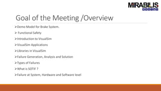Goal of the Meeting /Overview
Demo Model for Brake System.
 Functional Safety
Introduction to VisualSim
VisualSim Applications
Libraries in VisualSim
Failure Generation, Analysis and Solution
Types of Failures
What is SOTIF ?
Failure at System, Hardware and Software level
 