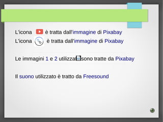 L'icona è tratta dall'immagine di Pixabay
L'icona è tratta dall'immagine di Pixabay
Le immagini 1 e 2 utilizzate sono tratte da Pixabay
Il suono utilizzato è tratto da Freesound
 
