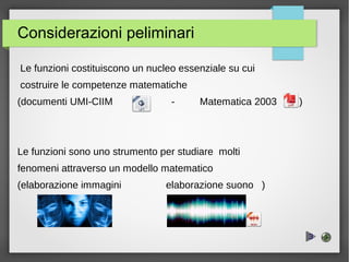 Considerazioni peliminari
Le funzioni costituiscono un nucleo essenziale su cui
costruire le competenze matematiche
(documenti UMI-CIIM - Matematica 2003 )
Le funzioni sono uno strumento per studiare molti
fenomeni attraverso un modello matematico
(elaborazione immagini elaborazione suono )
.
3
.
 